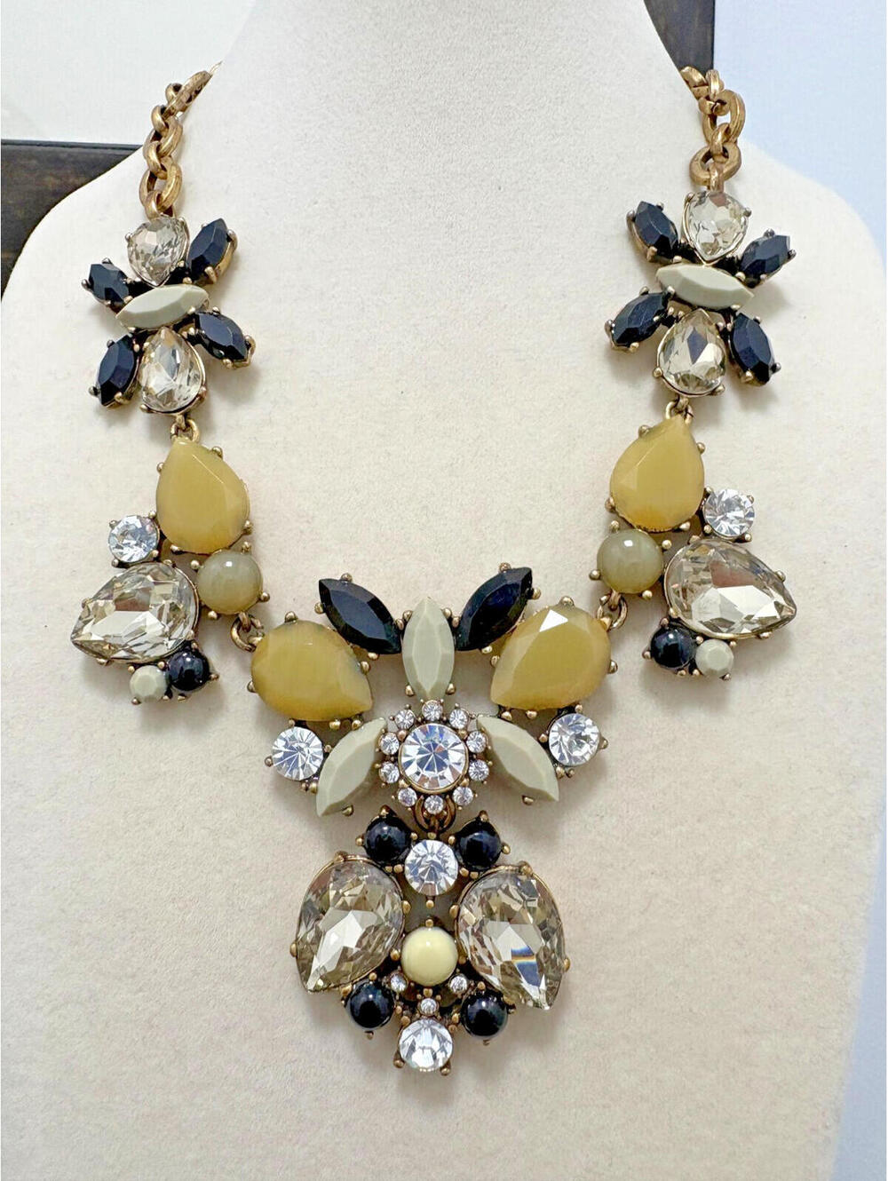J Crew Antique Brass Glass Stone Statement Chain Necklace Black Clear Smokey